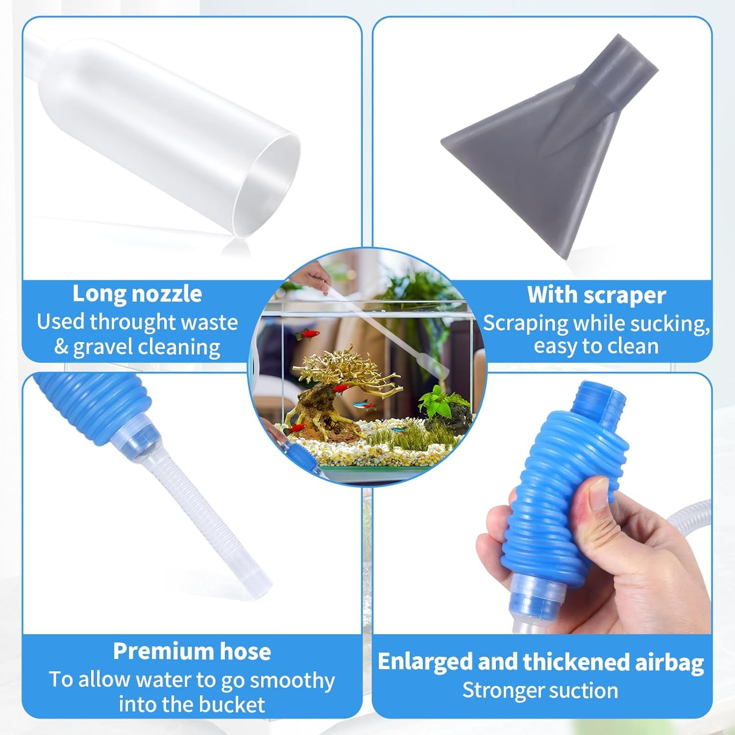 Siphon Fish Tank Cleaner with Scraper, Gravel Vacuum for Aquarium Hand Aquarium Vacuum Gravel Cleaner, Fish Tank Accessories - Image 3