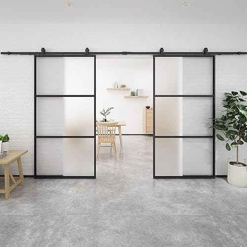 BARNSMITH Puerta de granero de vidrio doble de 84 x 84 pulgadas con kit de herrajes montados en la parte superior de 14 pies, mecanismo de cierre