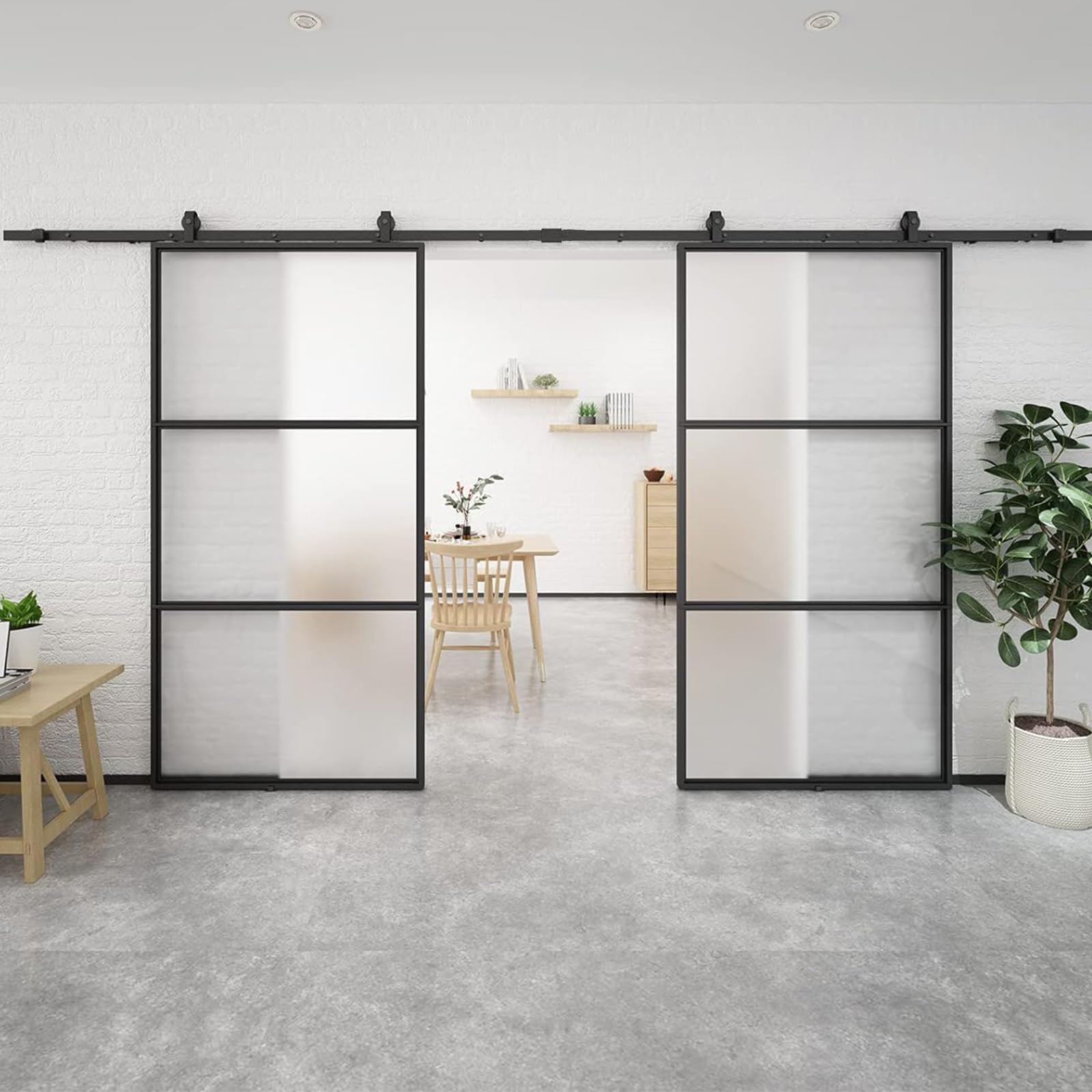 BARNSMITH 84in x 84 in Double Glass Barn Door with 14FT Top Mounted Hardware kit Soft Close Mechanism Included, Black Carbon Steel Tempered Frosted Glass Sliding Interior Door(2 * 42inx 84in)