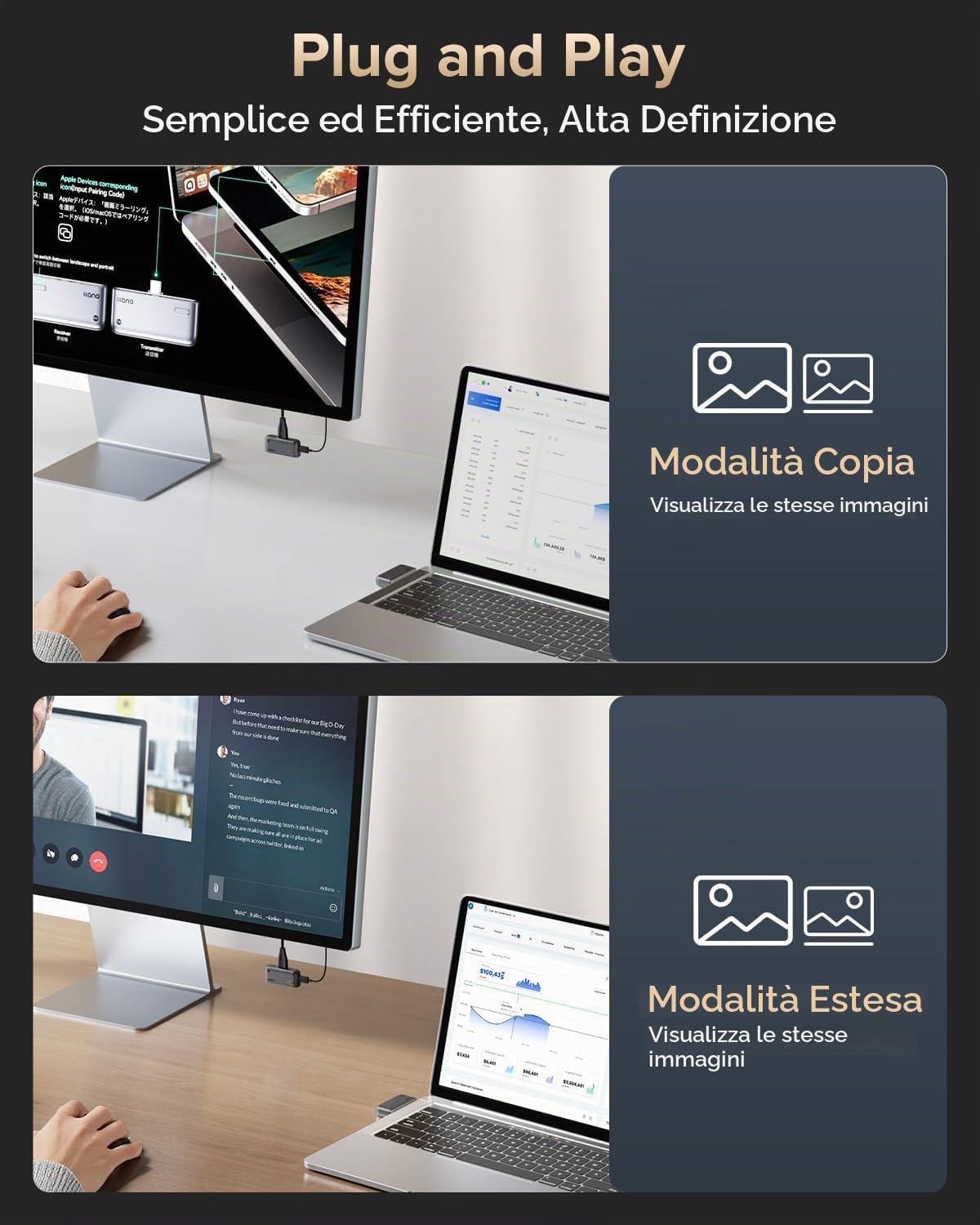 Ilano S850 USB-C Trasmettitore e Ricevitore HDMI Wireless, Ingresso Ultra 4K Uscita 1080P@60Hz, 50M, 5G+2.4G, Plug & Play per Telefono, Tablet, Laptop, PC, Monitor, Proiettore, TV Box, ecc(Nero)