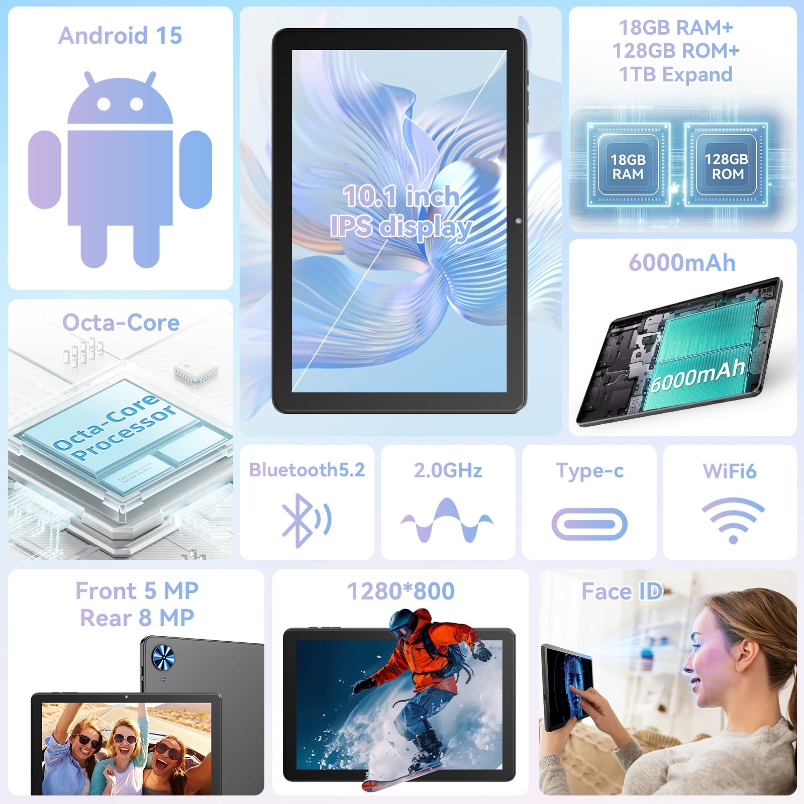 Tablet 10.1 Zoll mit Hülle, Tastatur, Maus, Android 15 Tablets | 18GB RAM+128GB ROM 1TB Erweiterbar, Widevine L1-Kompatibles Octa-Core Tablett mit WiFi 6, 6000 mAh, 5MP+8MP, Grau