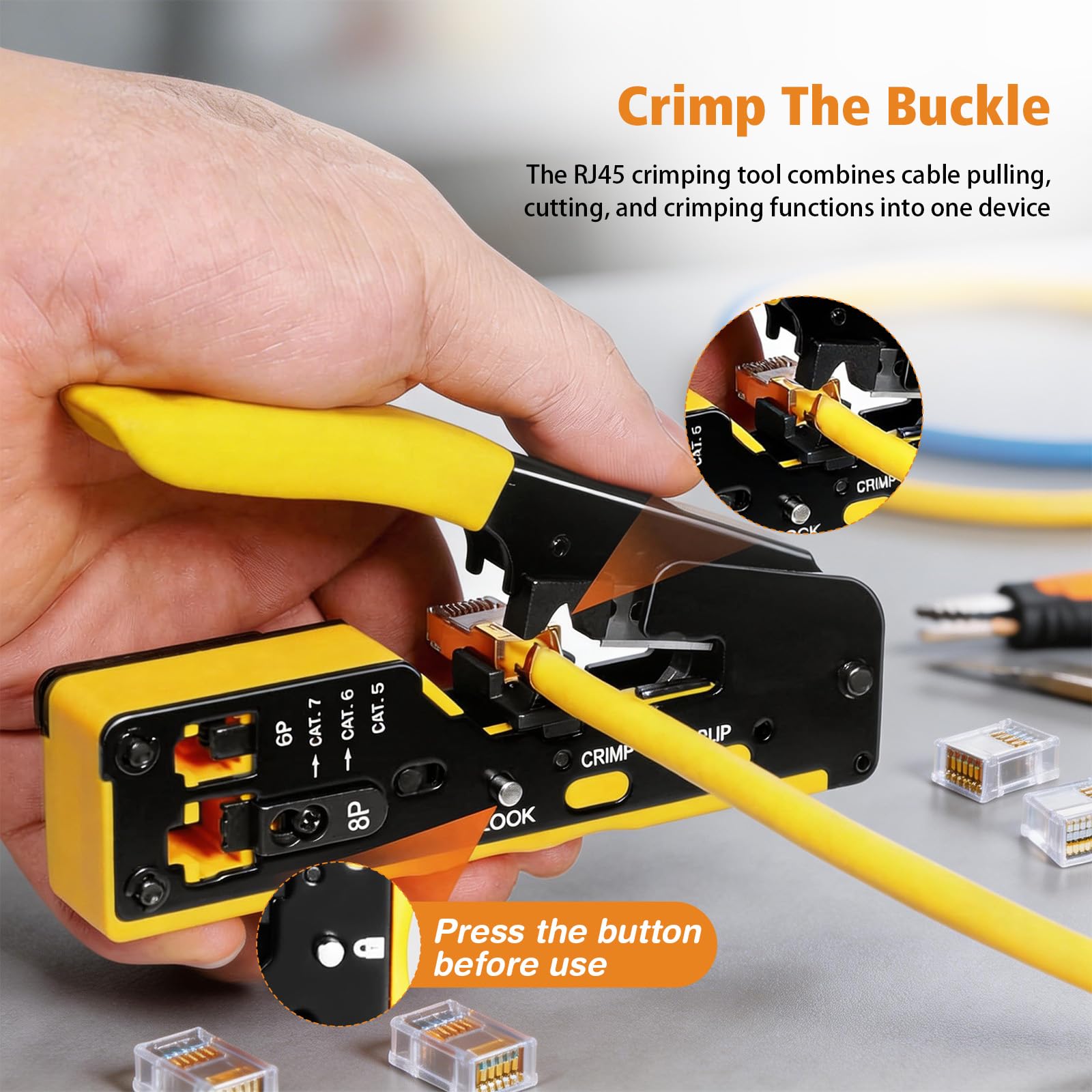 Set di attrezzi di rete, pinza crimpatrice RJ45 con tester di rete, stripper, strumento punch down, cacciavite e tasca con cerniera per cavi CAT5, CAT5e, CAT6, CAT6A e CAT7