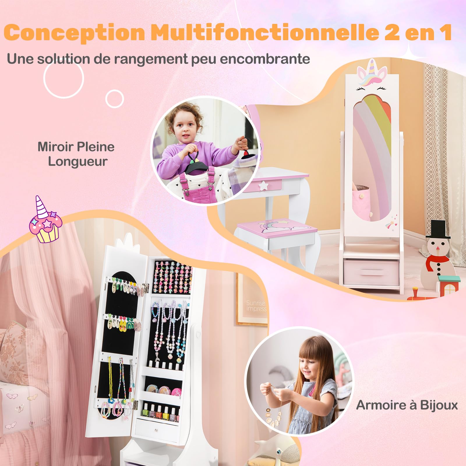 COSTWAY Armoire à Bijoux Enfant avec Miroir & Bac en Tissu, Organisateur à Bijoux en Motif Licorne avec 2 Angles d'Inclinaison, Dispositif Anti-basculement, Miroir sur Pied pour 3 Ans+ (Blanc)