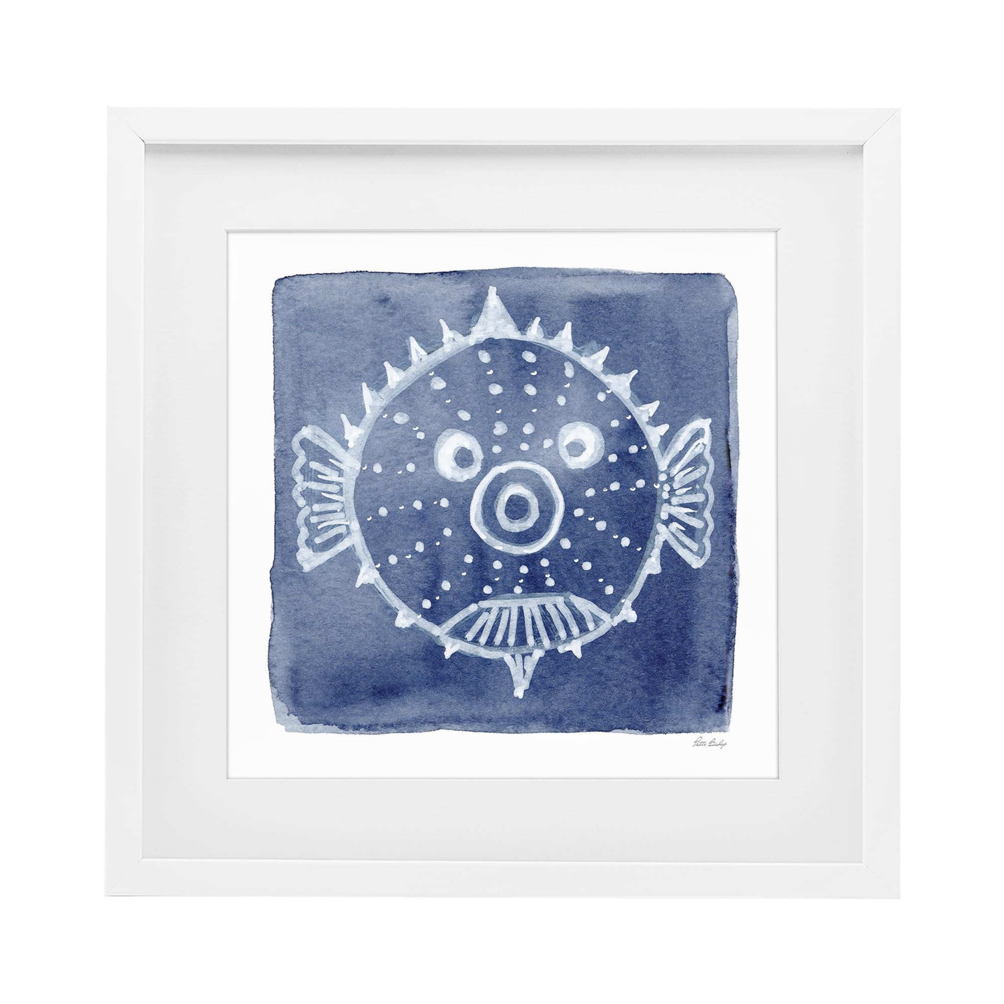Stupell Industries 'White Blow Fish on Indigo', Framed Print Under Glass, White, 16 x 16 Inches, Easy to Hang and Sturdy, Made in USA, by Patti Bishop