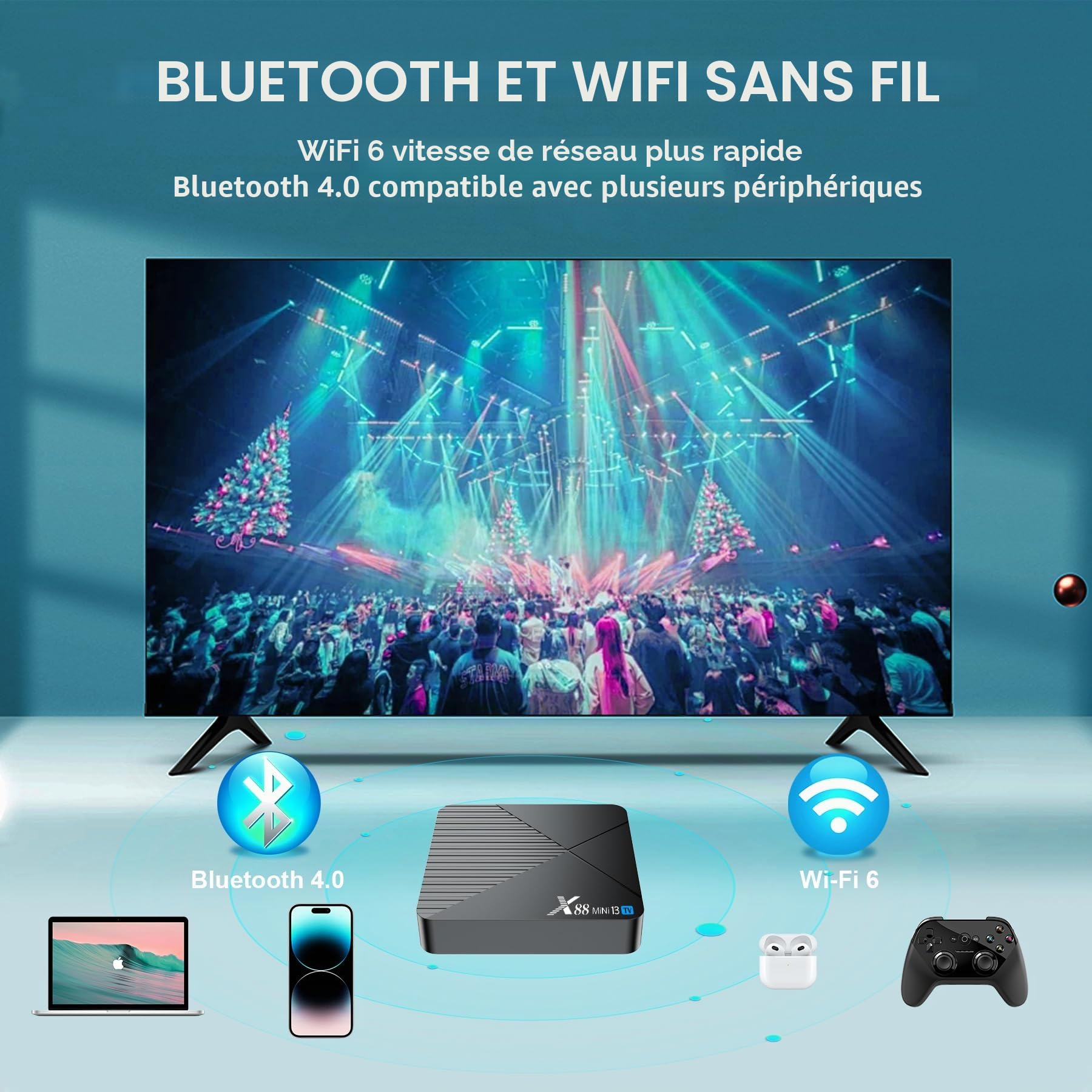 Android TV Box 13.0, 2025 Android Box avec RAM 4G ROM 32G 3D HD 8K WiFi6 Enternet10/100M BT5.0 USB3.0 HDR10 Cast Screen Smart TV Box