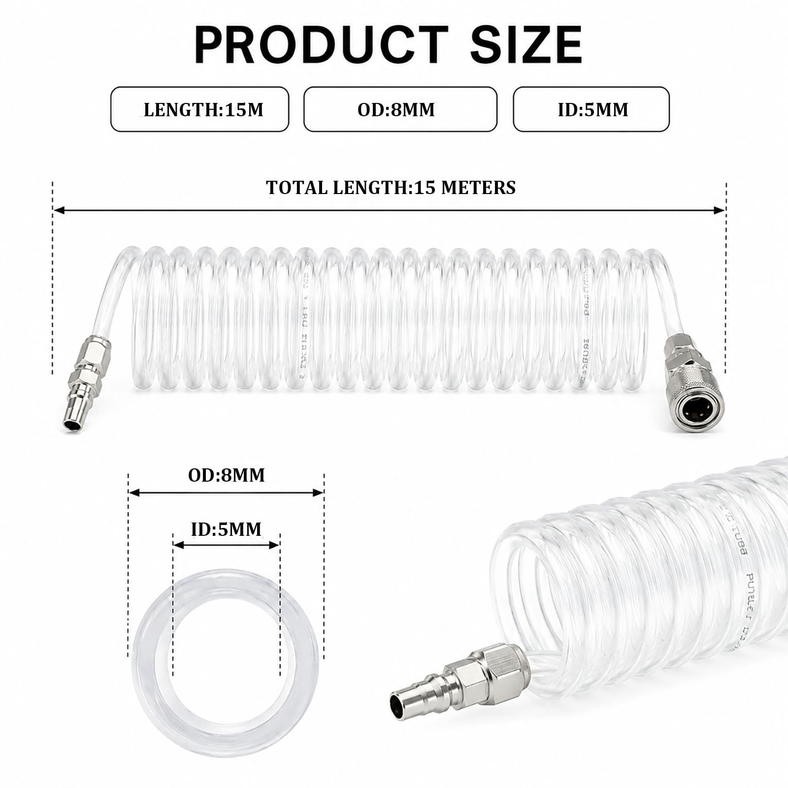 COYOUCO Tubo Pneumatico Trasparente in PU Avvolto da 3-15 Metri con raccordi 8mm OD 5mm ID,15m