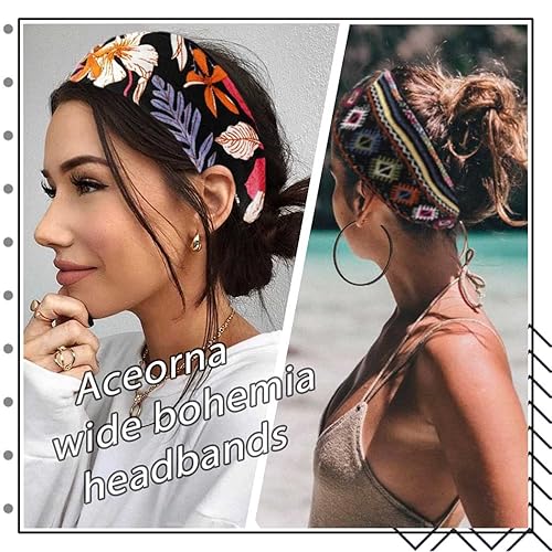 Miniatura 4 de Diadema de nudo ancho bohemia, bufanda para cabello, diseño floral, banda para el pelo elástica, turbante de grueso tejido, bandas de algodón grueso