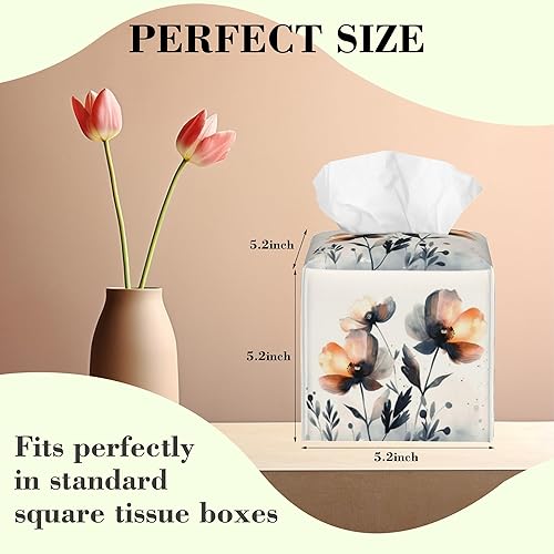 Miniatura 2 de Caja de pañuelos con diseño floral de amapola marrón con acuarela, diseño de flores abstractas de cuero, soporte decorativo para caja de papel de