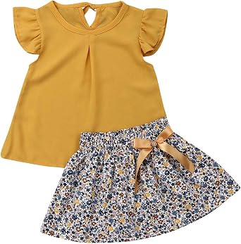 Toddler Baby Girl Clothes Set Summer Girl Skirt Outfits Chiffon Flying Sleeve Top + Floral Skirt 2PCS