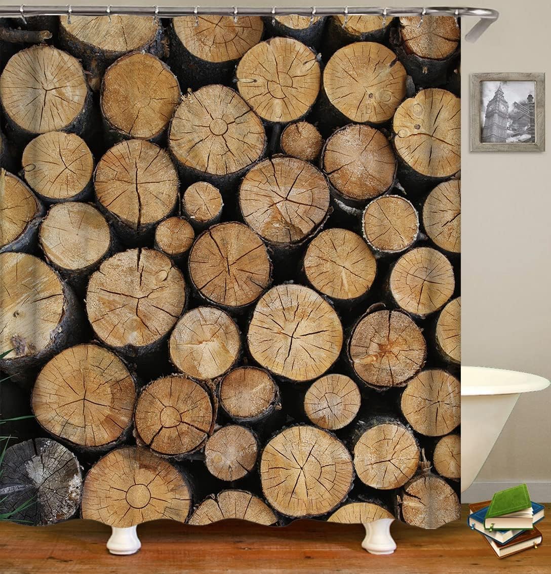 Luowenji Wood Shower Curtain Log Vintage Shower Curtains Mould Proof Resistant 120x180 cm 3D Bathroom Bath Curtain Waterproof Fabric with Hooks for Wet Room 9598L