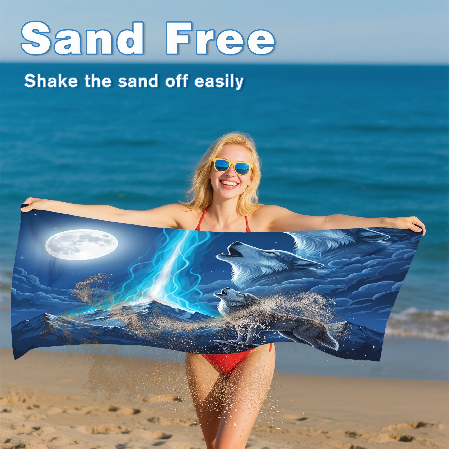 Serviette de Plage XXL Microfibre Loup Enfant Lune Animaux, Drap de Plage Séchage Rapide Anti Sable & Légère, Serviette de Bain Grande Taille 100x200 cm, Accessoire & Cadeau été