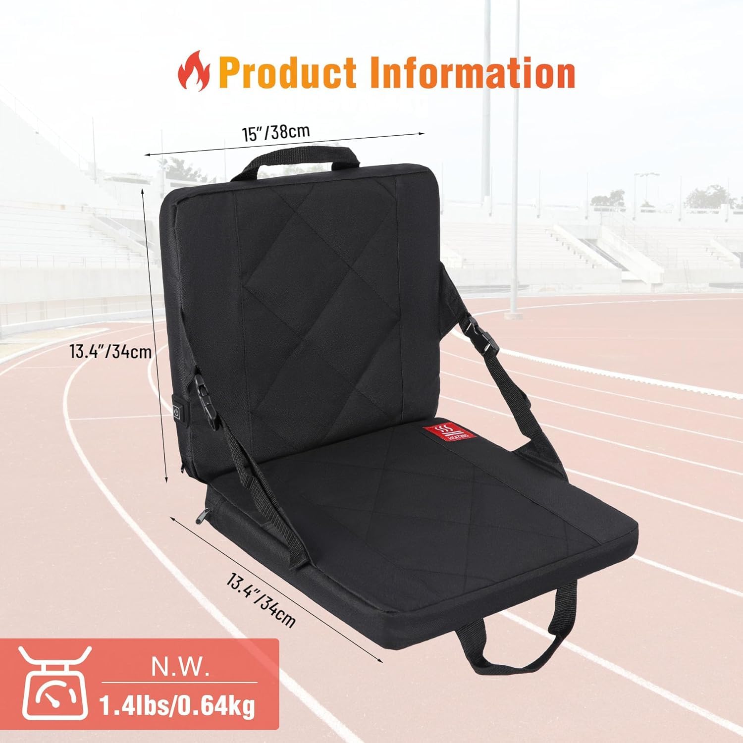 Cojín de asiento térmico con soporte trasero, asiento de estadio con calefacción USB para gradas, almohadilla plegable de calefacción de 3 niveles para caza, camping y oficina (sin banco de