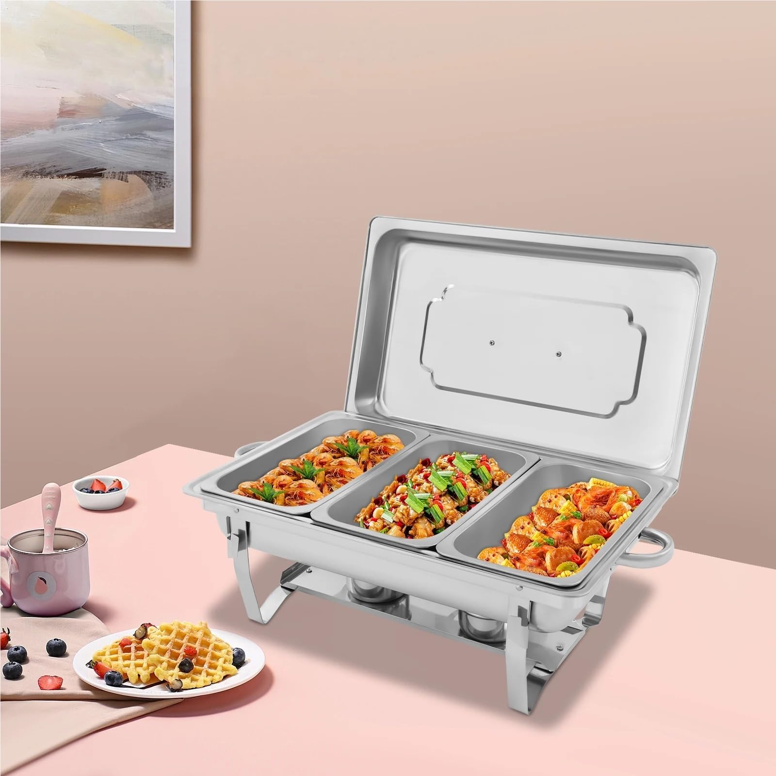 Set di Riscaldavivande per Buffet Set da buffet con scaldavivande in acciaio inox 410 a 3 scomparti riscaldamento/raffreddamento a combustibile solido regolabile, ideale for matrimoni/feste