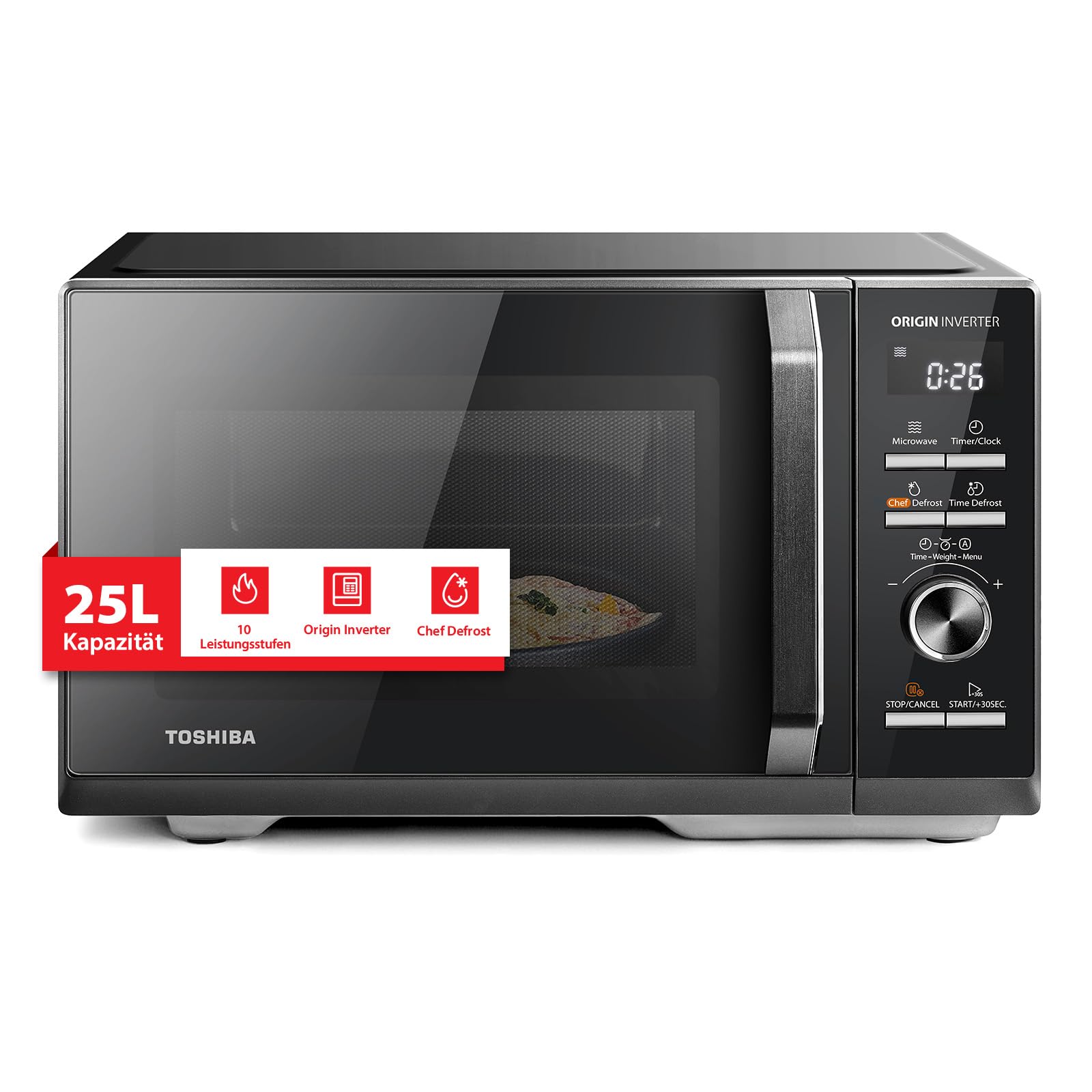 Toshiba MW3-AM25PFI(BK) Solo Mikrowelle 25L 900W Mikrowellenherd in Schwarz. Mit Origin-Inverter, Chef-Defrost, 10 Leistungsstufen, 7 Auto-Menüs, Easy Clean
