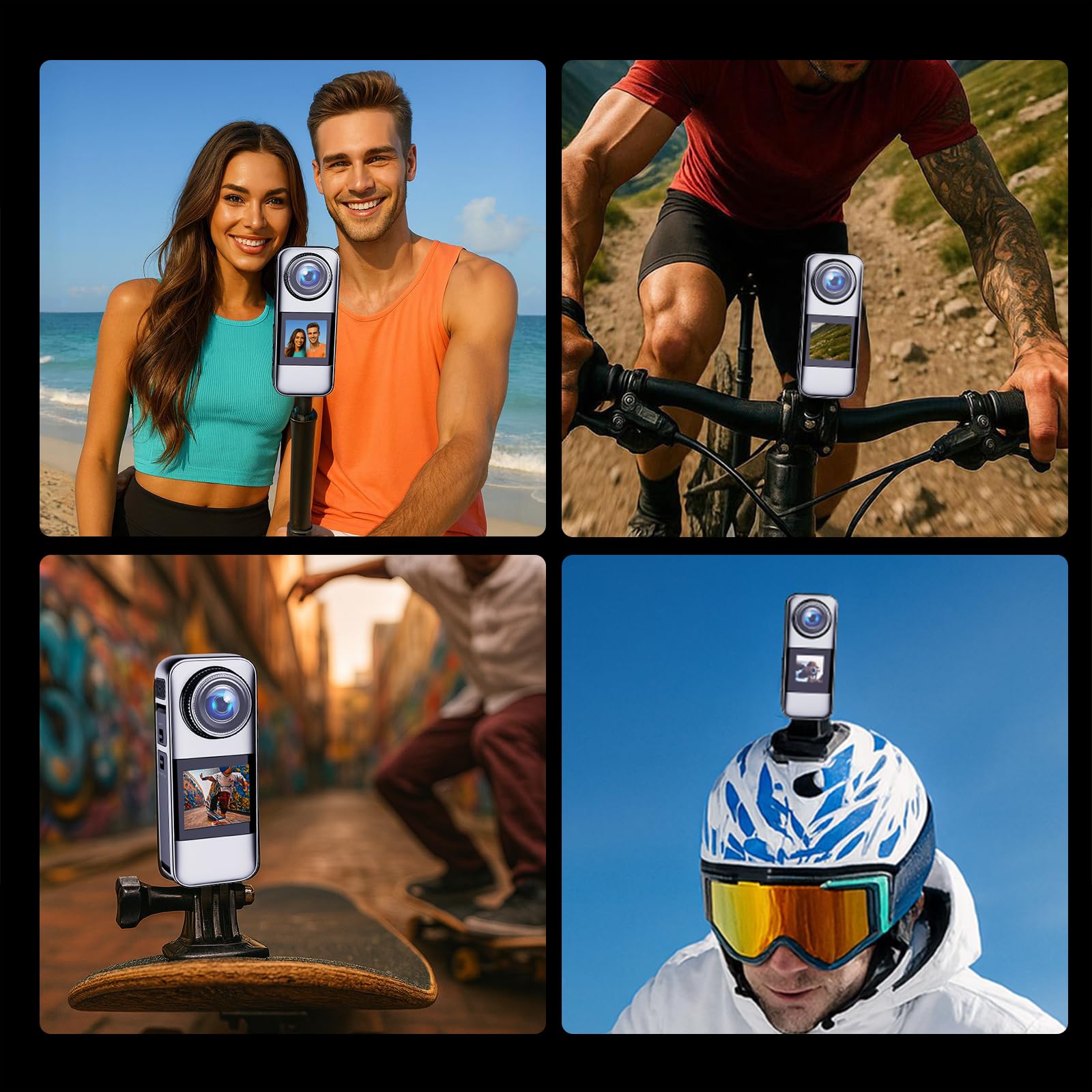 Action Cam Dotato di scheda di memoria 32GB, doppio schermo Telecamera Moto,Action Cam con batteria ricaricabileda 2 x1350 mAh e set di accessori(grigio nero)