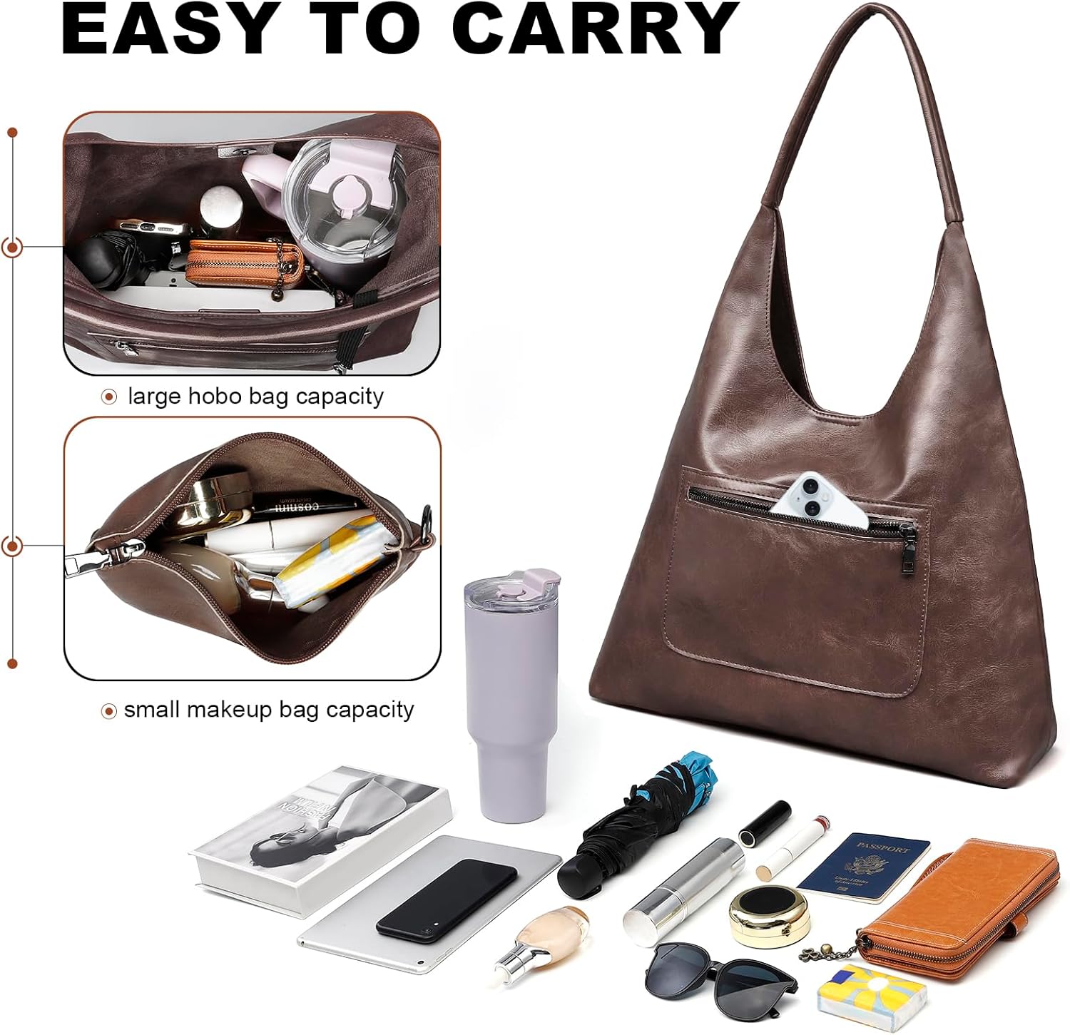 Hobo Bags for Women Retro Vegan Leather Slouchy Tote Shoulder Purses Handbag with A Small Purse - Image 4