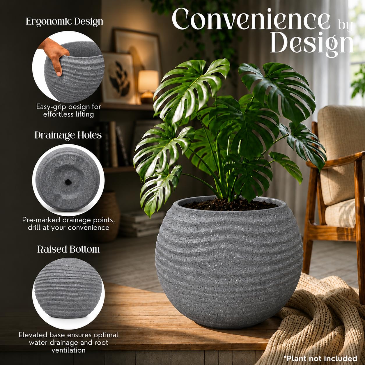 YUCCABE Fox Planter - Grey Wave Pot with Plate -5