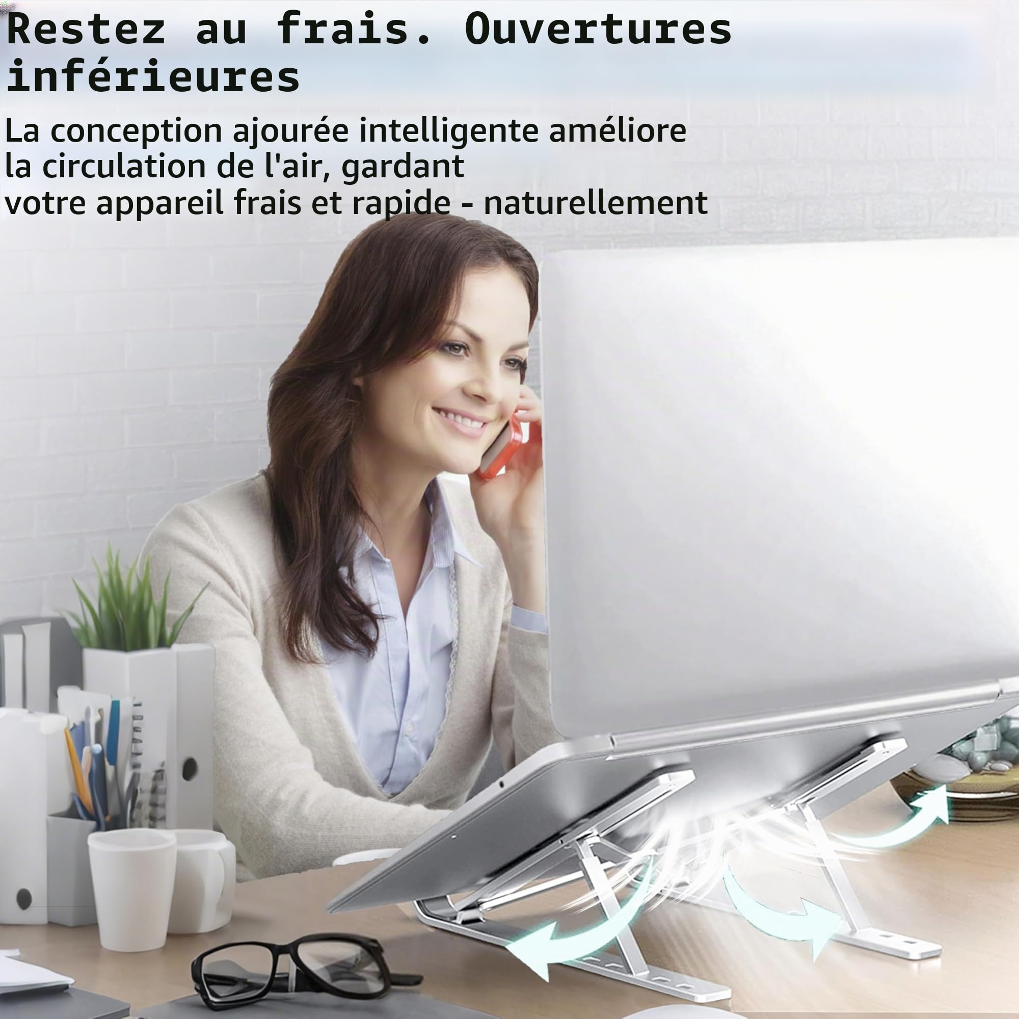 AiTodos® Support Ordinateur Portable, Alliage D'aluminium, Léger, Compact Portable Pliable - Ventilation et Dissipation de la Chaleur, Réglage à 6 Vitesses - Support pc Portable (Argent)