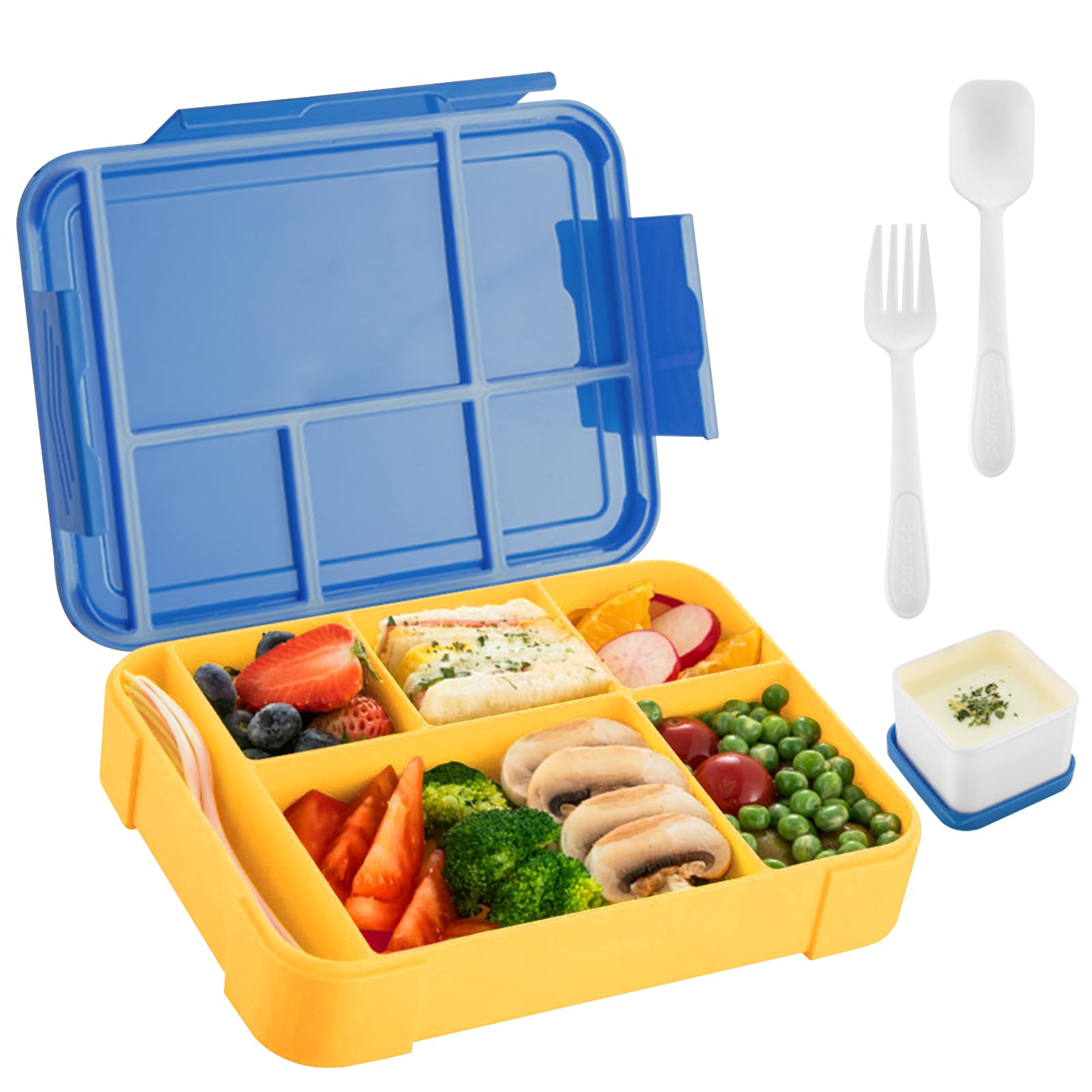 مربع الغداء Kids School Lunch Box with Sauce Jar & Spoon & Fork, Yakiter 5-Compartment Food Storage Bento Box for Adults Children Teens, 1330 ML BPA-Free Leak Proof with Dividers Lunch Bento Box(Blue)