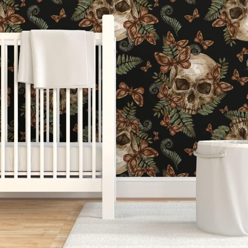 Peel & Stick Wallpaper 3ft x 2ft - Moth Skull Black Vintage Skeleton Fern Halloween Custom Removable Wallpaper by Spoonflower