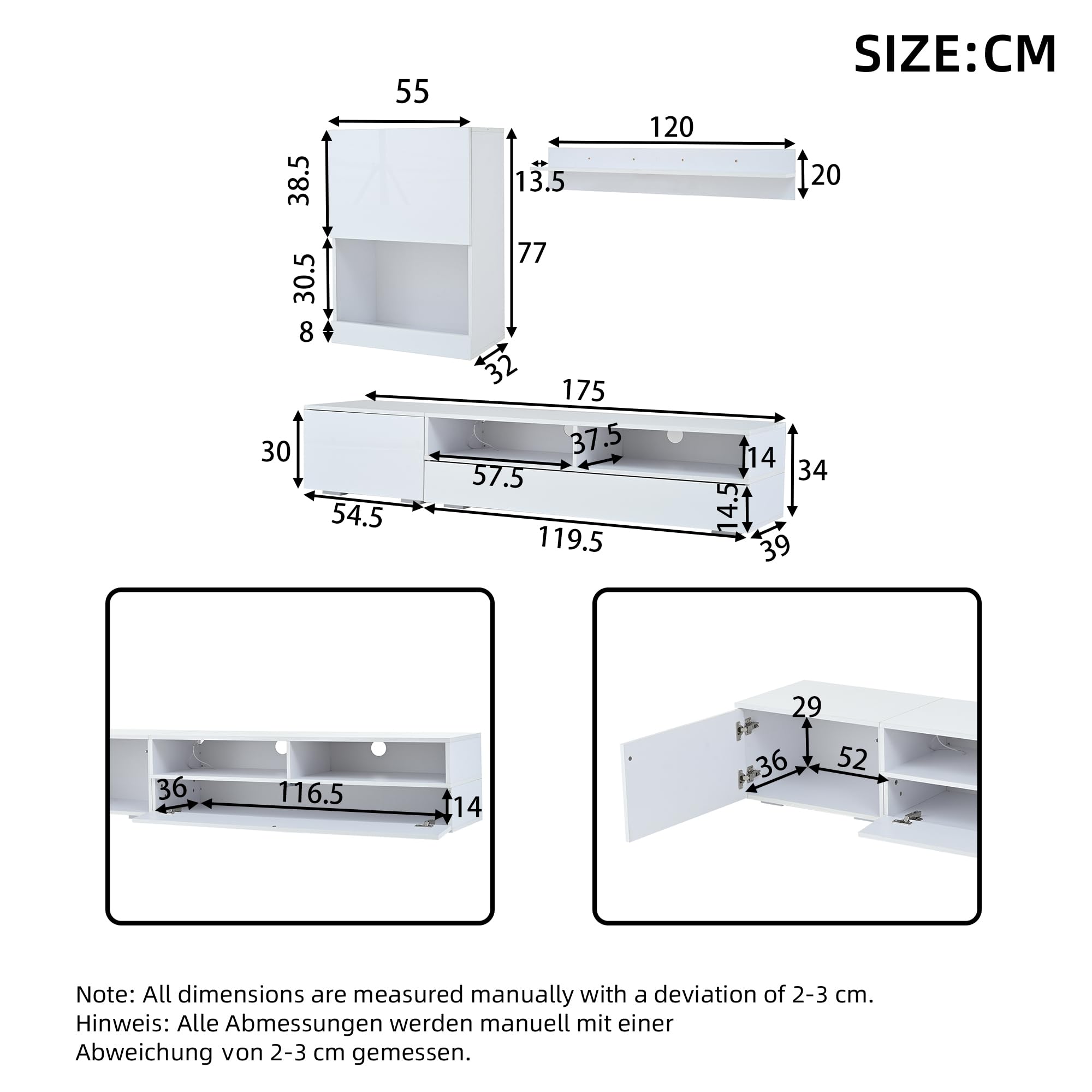 Mueble de salón, mueble de TV, juego de muebles de salón (juego completo, 3 unidades), mueble TV (vitrina, LED, alto brillo), estantería de pie o de pared (de pie o colgante), para TV de