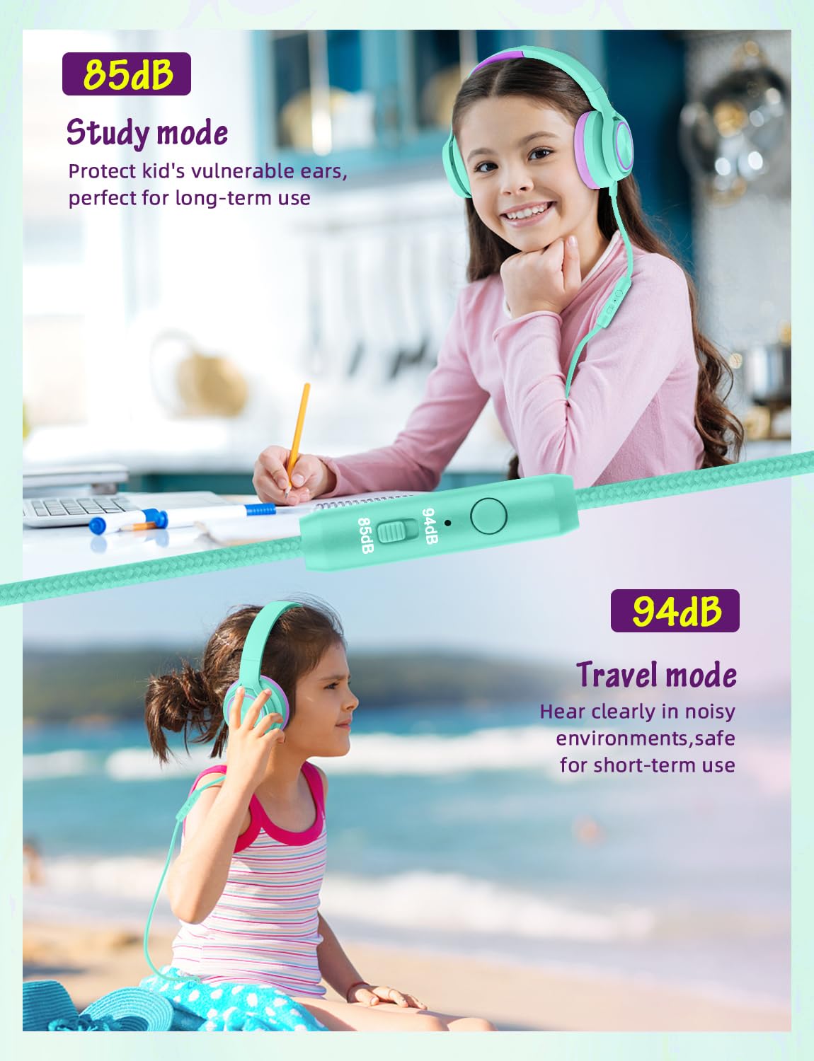 Voopwink Kinder-Kopfhörer mit Mikrofon, kabelgebundene Over-Ear-Headsets mit begrenzter Lautstärke 85 dB/94 dB für Jungen, Mädchen, Teenager, Kinder, Online-Schule, Reisen, iPad, Tablet, Handy