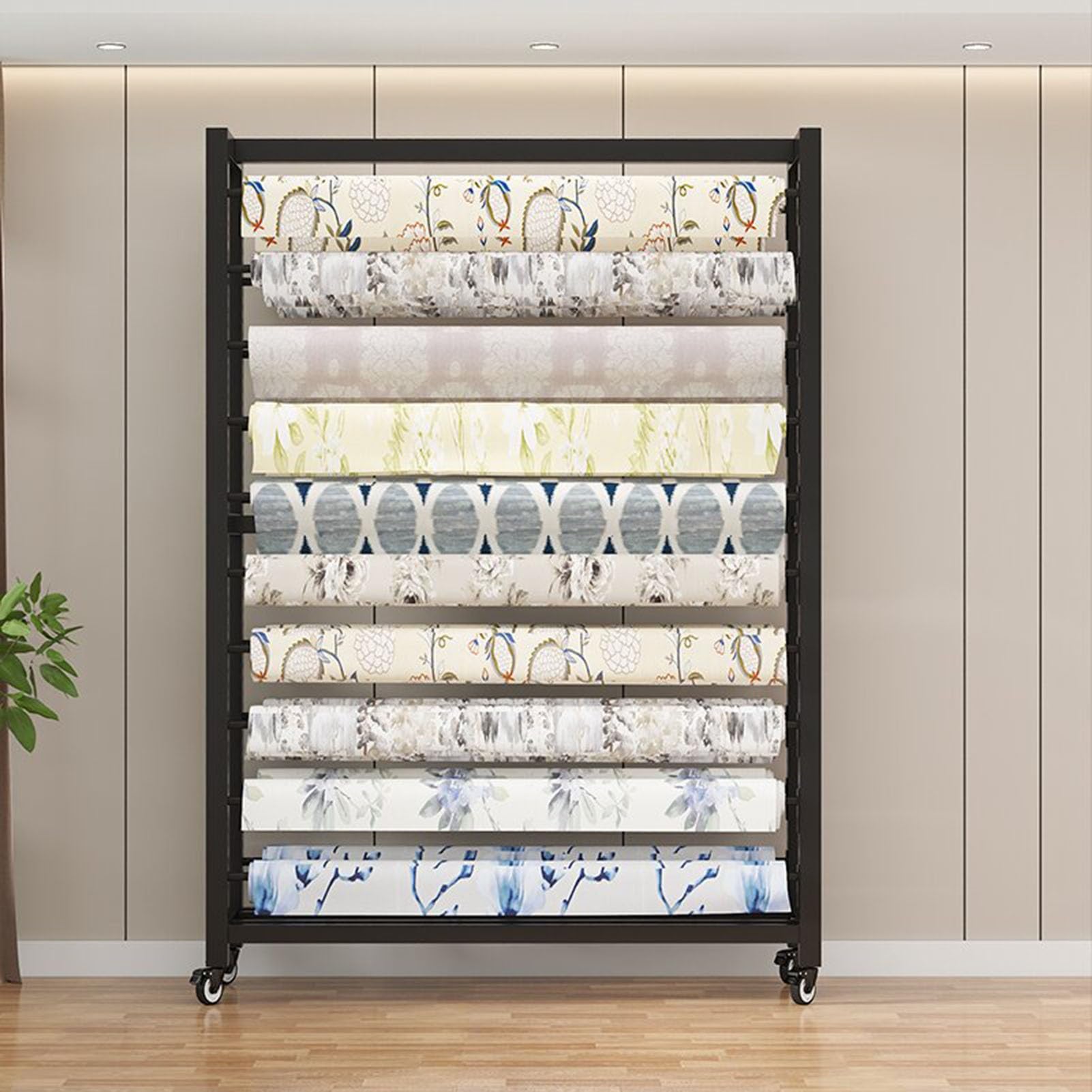 Commercial Fabric Roll Storage Rack with Adjustable Hanging Rod, Movable Heavy Duty Steel Organizer Holder with Wheels for Vinyl Spool / Leather Roll / Window Film / Wallpaper Displays(14 rods,196cm(7