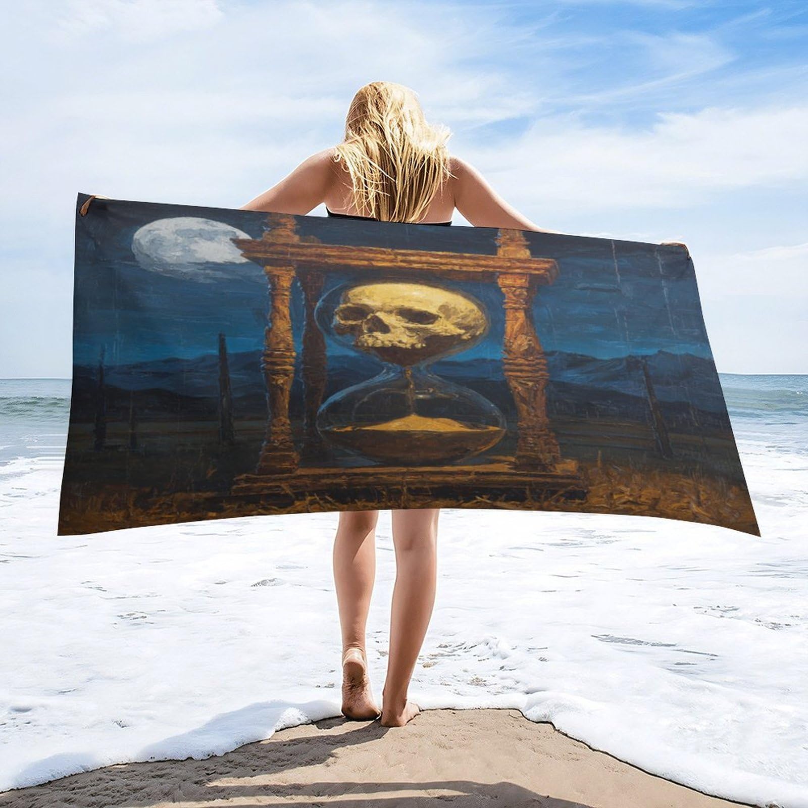 Luyysky Vintage Cool Skeleton Hourglass Absorbent Beach Towel, Retro Spooky Full Moon Mountain Skull Skeleton Outdoor Single-Sided Velvet Beach Towel-80 W Cm X 160" L Cm