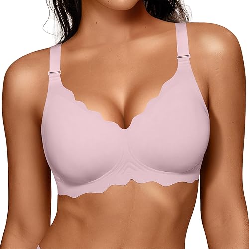 OEAK Women Bras No Underwire Scalloped Push Up Buttery Soft Tshirt Bra Seamless Full Coverage Convertible Everyday Bra Pink 3XL