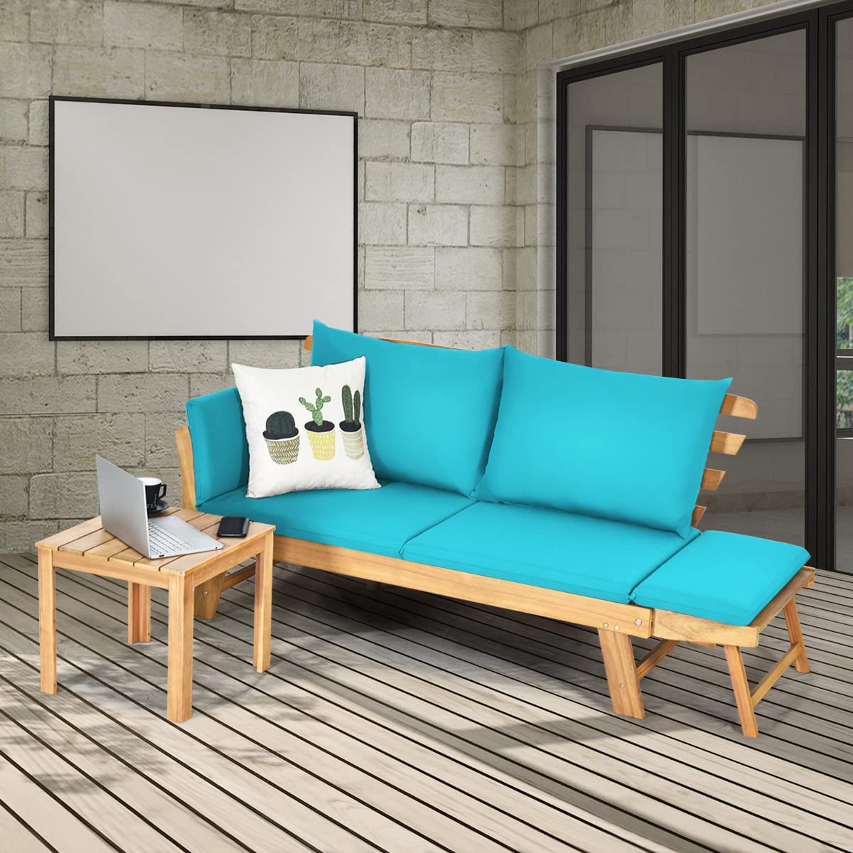 GIANTEX Liegesofa mit klappbaren Seitenlehnen, Gartenbank Sitzbank mit Auflagen, Sonnenliege Gartenliege aus Akazienholz, Multifunktionsbank Balkonbank Parkbank Gartenmöbel, grau/beige (Türkis)