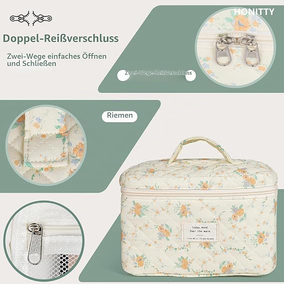 GSenhui Women's Quilted Toiletry Bag Set Make Up Bag Aesthetic Cosmetic Bag Flowers Portable Makeup Bag with Floral Pattern Toiletry Bag for Girls Women Pack of 3