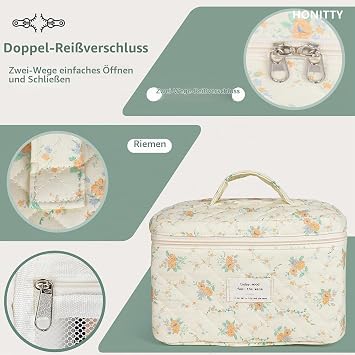 GSenhui Women's Quilted Toiletry Bag Set Make Up Bag Aesthetic Cosmetic Bag Flowers Portable Makeup Bag with Floral Pattern Toiletry Bag for Girls Women Pack of 3