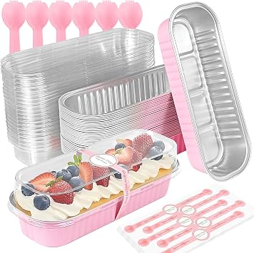 YOIYINI 30Pcs Mini Loaf Pans with Lids,Mini Cake Pans with Lids and Spoons,Aluminum Pans with Lid,Small Cake Pan with Lid for Valentines Day 30, pink