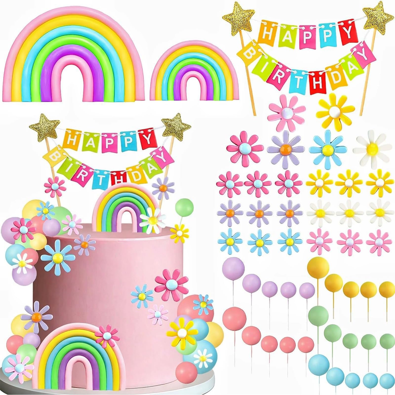 52 Pieces Cake Toppers Set - Rainbow & Flower Non-Edible Cupcake Decorations, Reusable Party Supplies for Kids Birthday