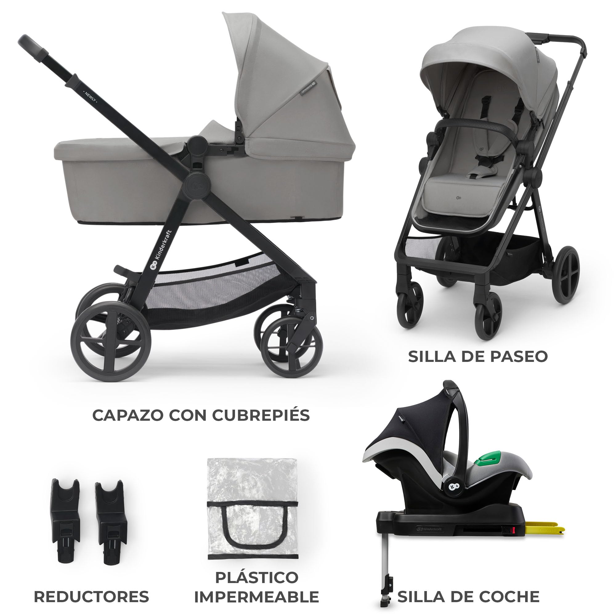 Kinderkraft NEWLY 4 en 1 Carrito, I-Size, Sistema de viaje, Carrito, Silla De Paseo, Silla coche, Base Isofix, Ligera, Carro Bebe, Cochecito 3 Piezas, Plegable, desde el nacimiento hasta 22 kg, Gris