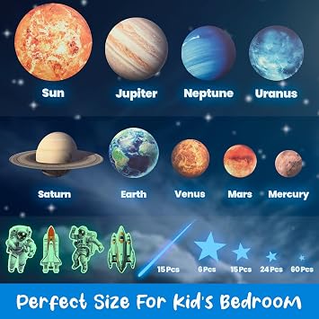 Glow in The Dark Stars and Planets, Bright Solar System Wall Stickers - USA Astronaut Spaceship, Ceiling Decals for Kids Bedroom Any Room, Shining Space Decoration, Birthday Gift for Boys and Girls