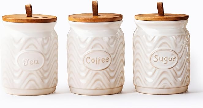 Home Harbour Clairmont Collection | Set of 3 Ceramic Tea, Sugar Coffee Canisters with Bamboo Airtight Lids | Storage Jars Containers Tea Sugar | Caddy Sets Kitchen Accessories Essentials White Glaze