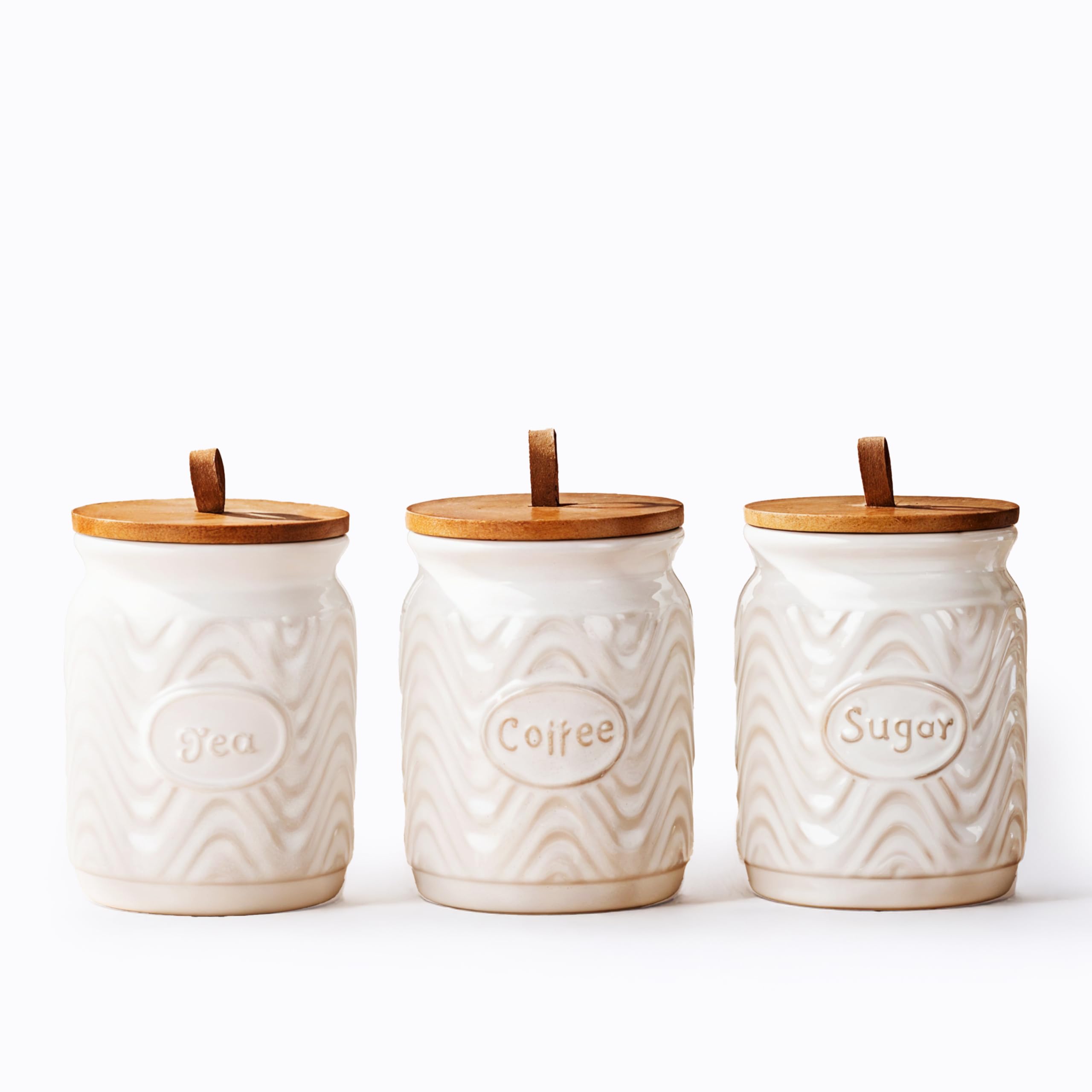 Home Harbour Clairmont Collection | Set of 3 Ceramic Tea, Sugar Coffee Canisters with Bamboo Airtight Lids | Storage Jars Containers Tea Sugar | Caddy Sets Kitchen Accessories Essentials (White Glaze) — image 1
