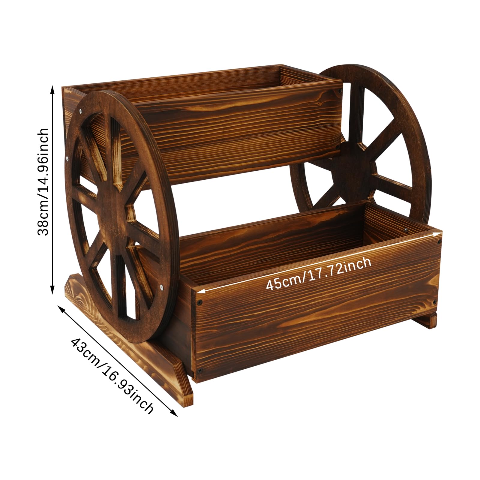 Blumenkasten Holz mit Wagenrad, Pflanzkasten mit Abflussloch
