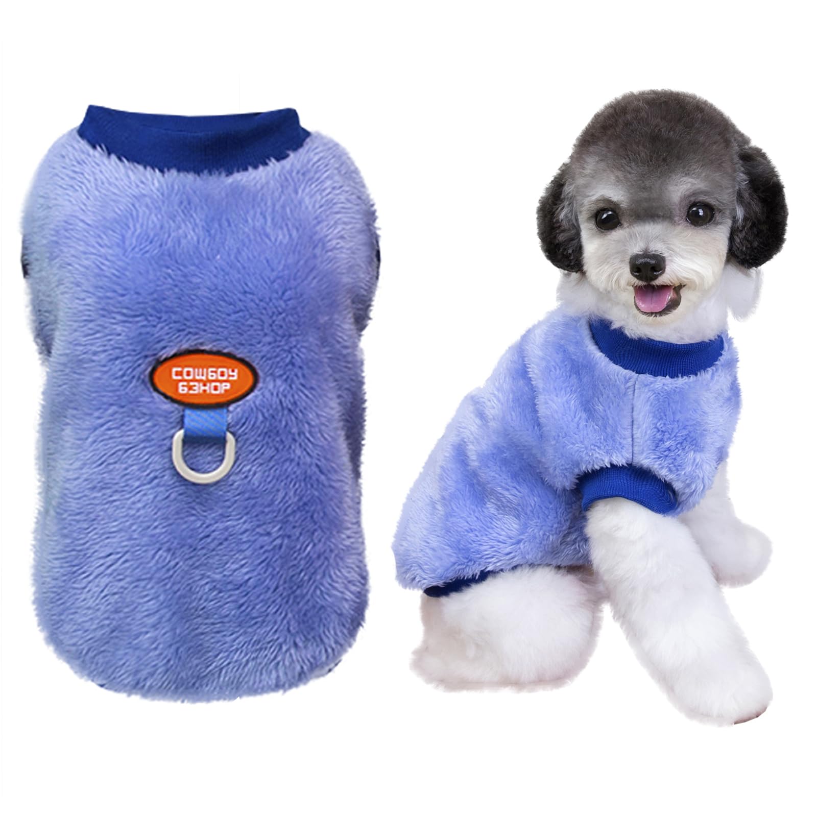 Izefia Dog Sweater Clothes Apparel Fleece Woolen Sweaters with Leash Loop Winter Warm Sweat Shirt Soft Pajamas Cute Pattern Cowboy Vest Sweater for Small Dog Medium Cat Blue S
