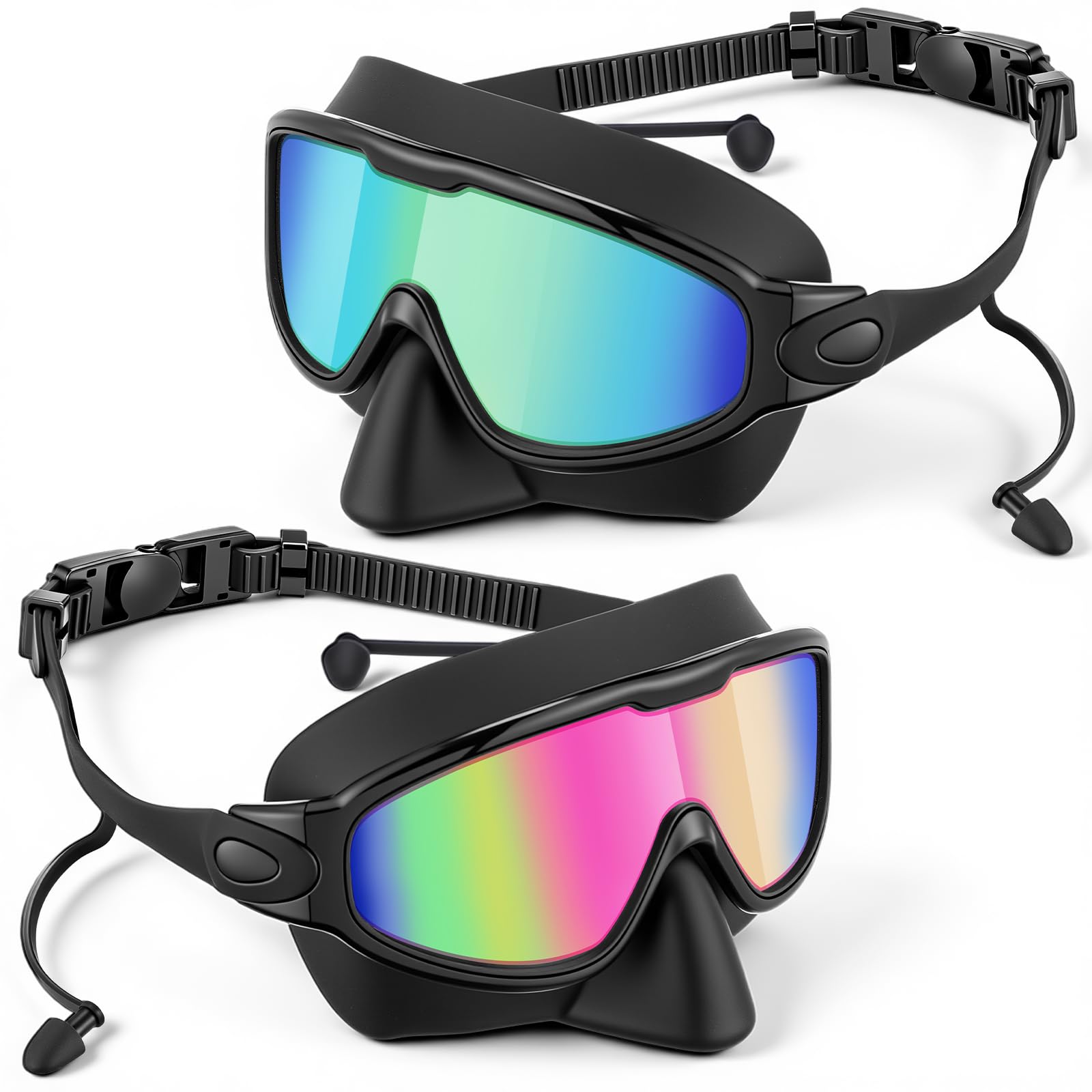 Kanayu Paquete de 2 gafas de natación con cubierta para la nariz, tapones para los oídos para adultos, visión amplia, antivaho, gafas de natación UV, sin fugas, máscara de buceo para hombres y mujeres