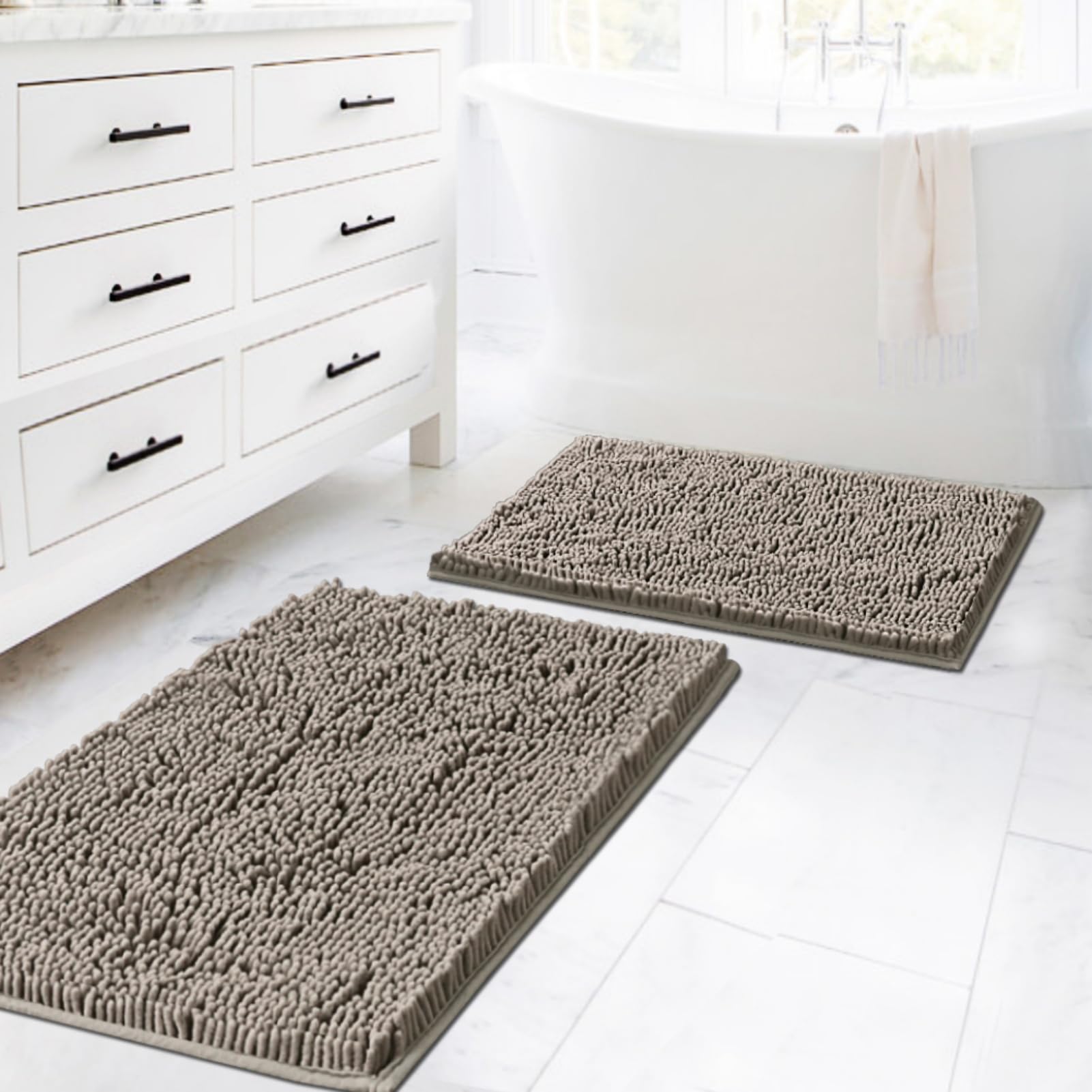 Chenille Badvorleger Mit Anti-Rutsch - Hoch Saugfähiger, Weicher Hochflor - Maschinenwaschbar, Schnelltrocknend & Schimmelresistent Für Dusche, Badewanne, WC Und Küche (Weiß,24x42 inch)