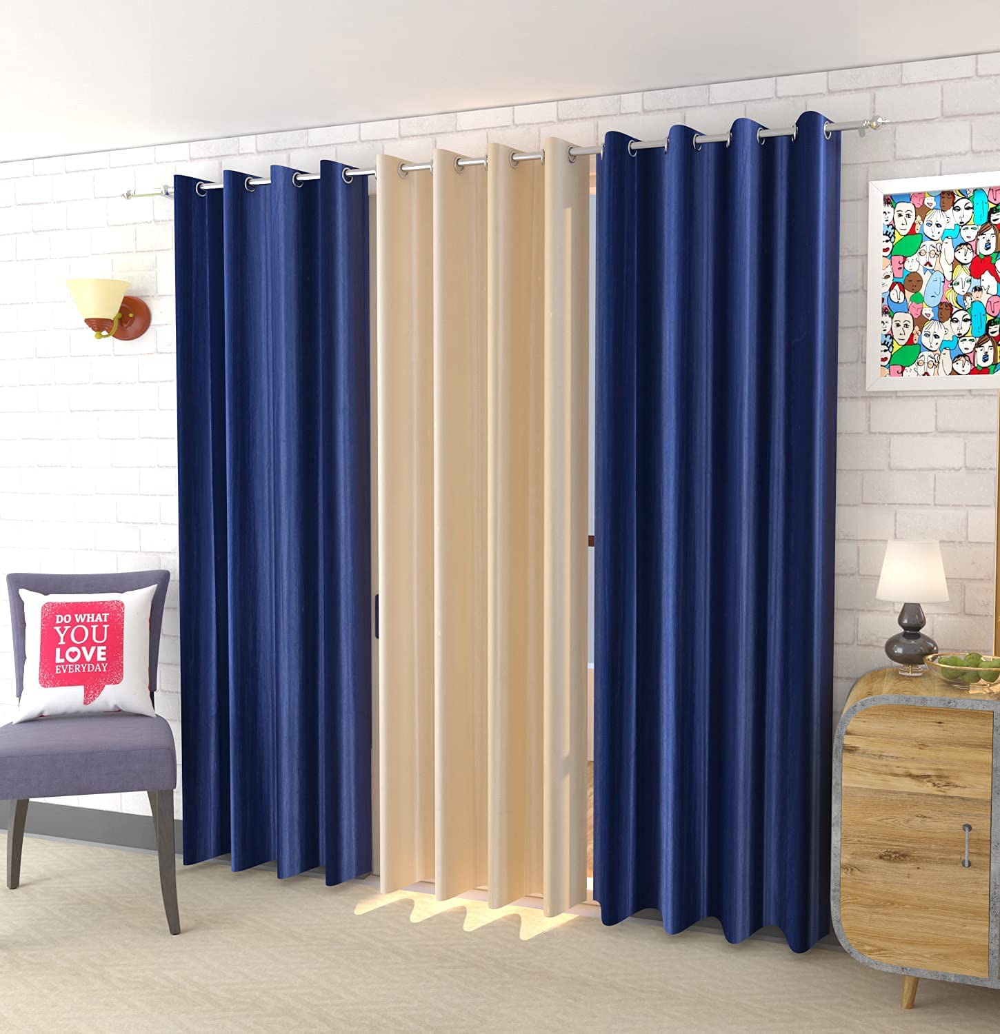 - Long Crush Plain Curtains for Door | Room Darkening Premium Screens for Home Office | Parda for Living Room,Bedroom | (Navy Blue-Cream, 5 FEET Long Set of 3)