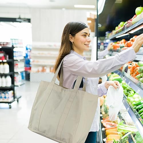 Miniatura 4 de 3 bolsas de comestibles de lona de 13.3 x 13 x 8 pulgadas, bolsas de compras reutilizables con bolsillos reales, correa de hombro larga y