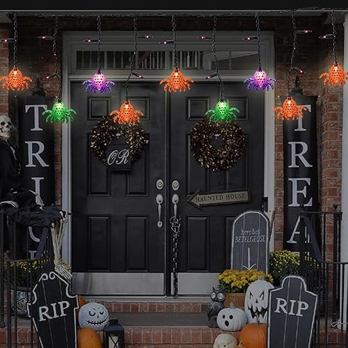 Miniatura 5 de Romasaty Cortina de luces de araña de Halloween de 7 pies con 10 tiras de luces de araña impermeables, 25 luces LED temáticas de Halloween para