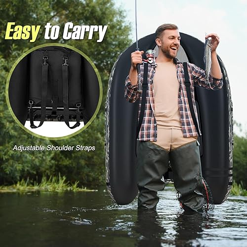 Miniatura 13 de GYMAX Tubo flotador de pesca, barco de pesca inflable de 350 libras con paleta, bomba, aletas, estatores de anzuelos, regla de pescado, bolsillos