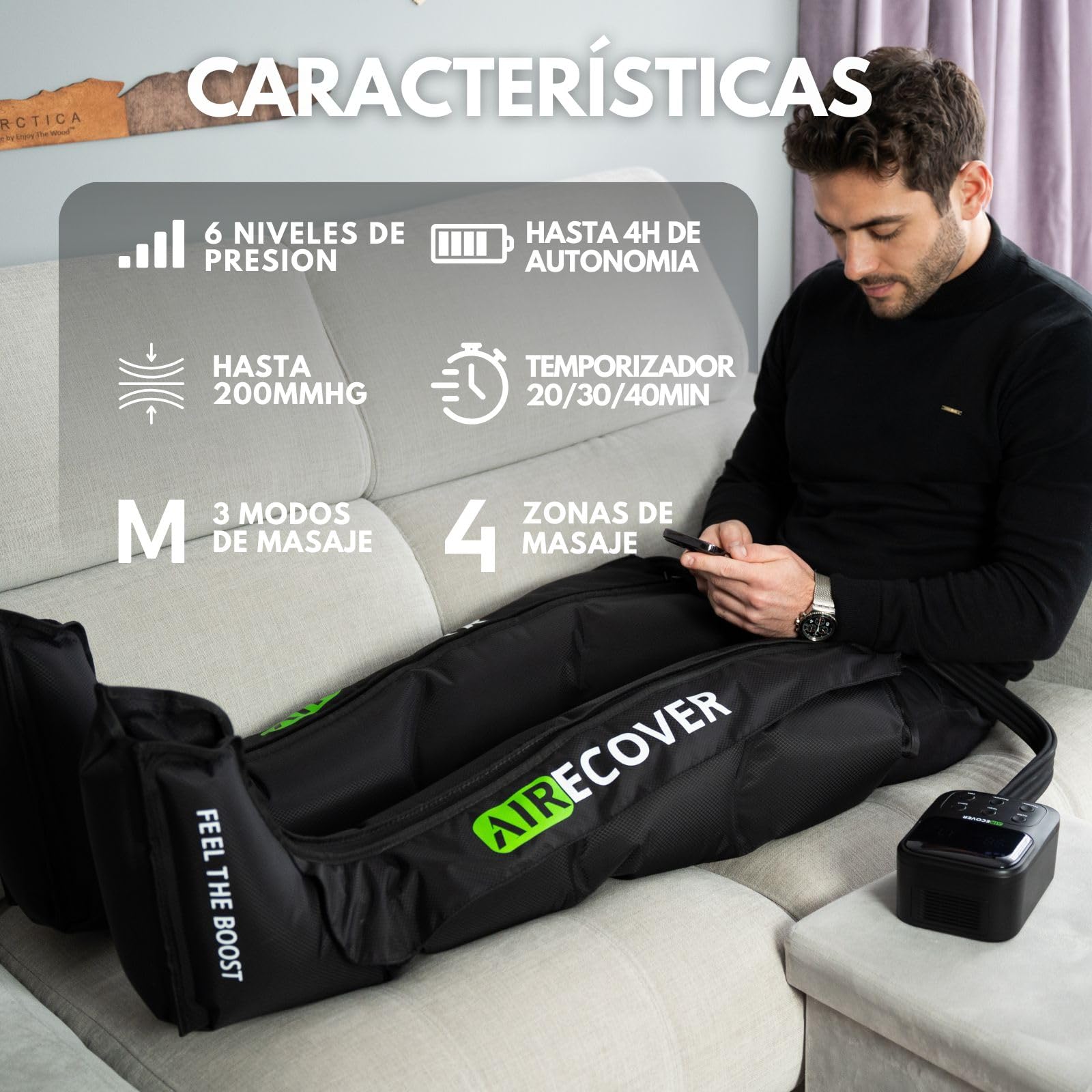 Presoterapia para Casa, Masajeador de Piernas Inalámbrico y Recargable, Botas de Compresión para Circulación, Recuperación Muscular, Drenaje Linfático y Celulitis, Batería de 4H (L)