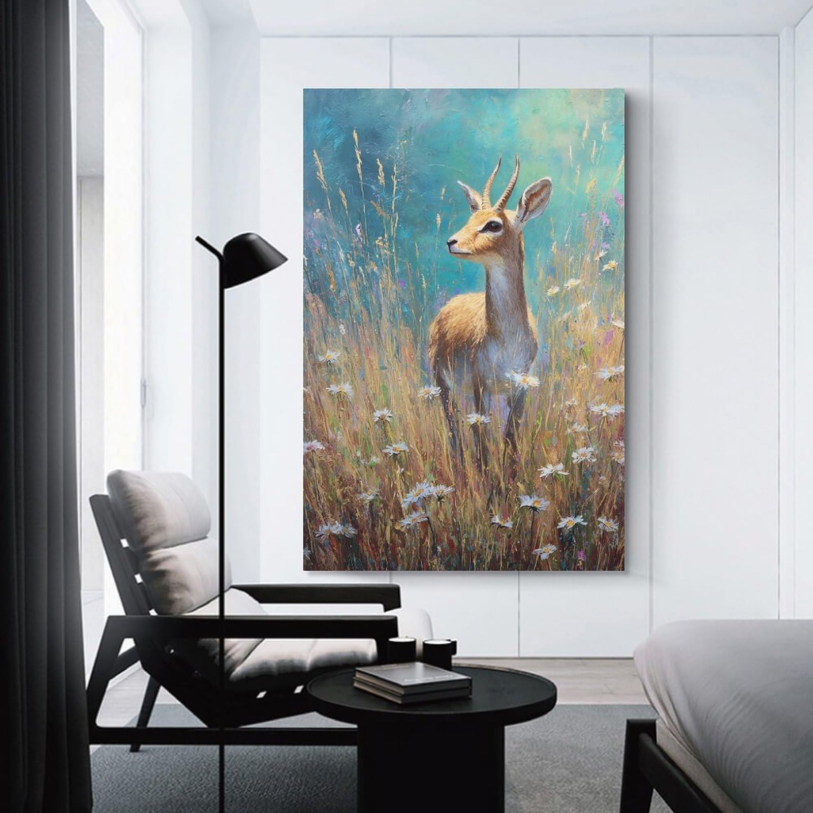 Junmoney Gazelle in A Field of Daisies Wall Art Print, 24x36inch(60x90cm), for Entryway, Lounge Links Or Small Walls, Decorative Wall Art for Narrow Spaces