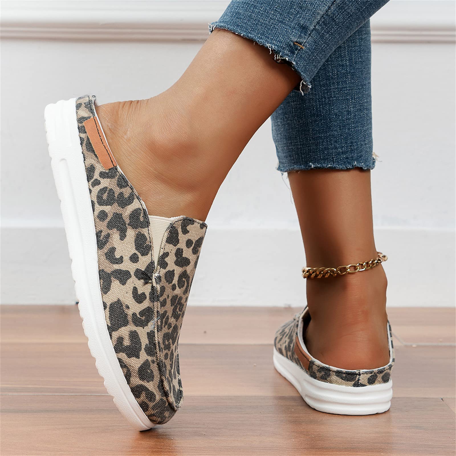 SWTKO Garden Loafer Flat Shoes for Women Lightweight Breathable Backless Slip on Mules Sneakers Comfortable Slippers Canvas Boat Shoes for Walking,leopard print,US8/EU39