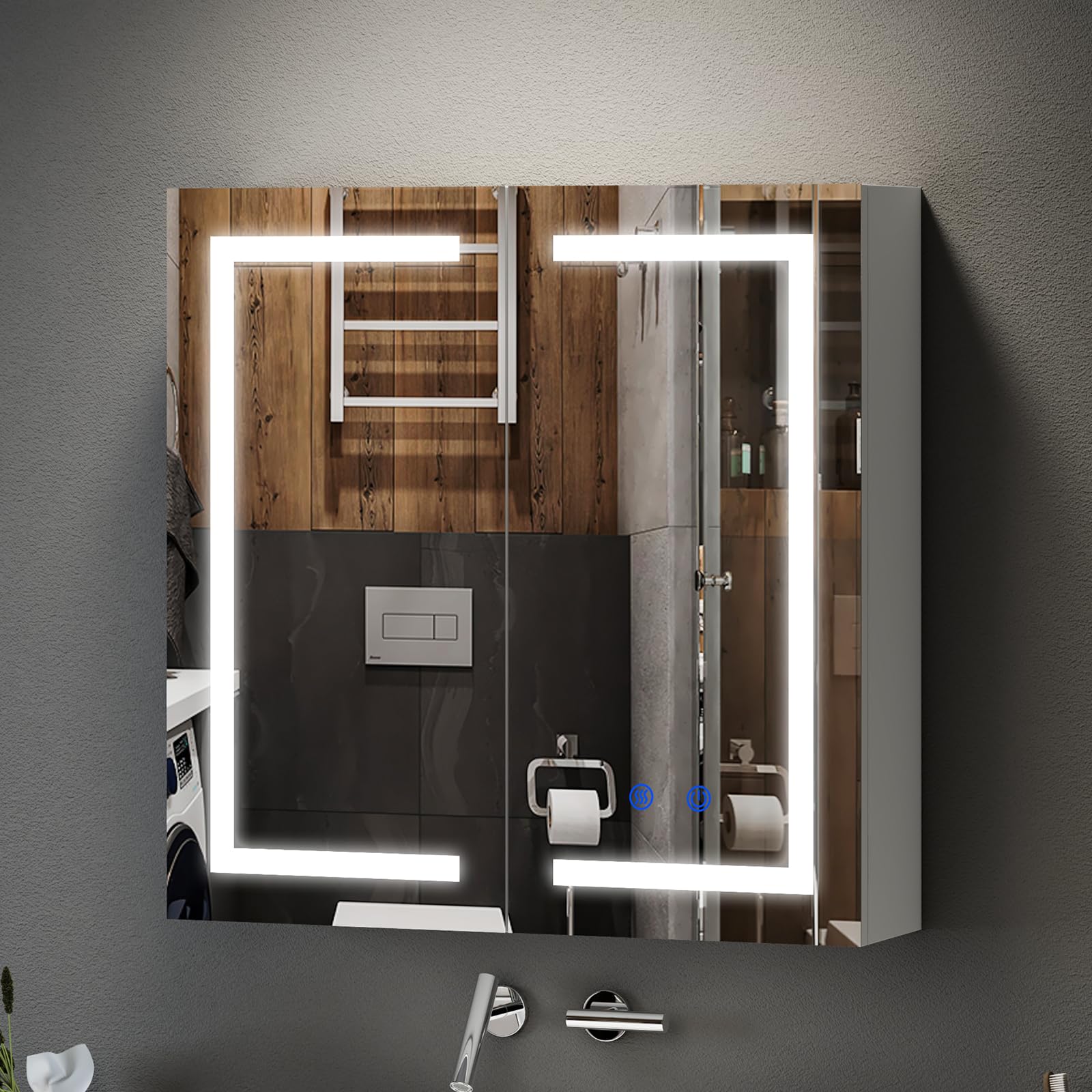 Bathroom Mirror Cabinets with Lights,600x600mm Wall Mounted Bathroom Cabinets with Mirror,LED Mirror Cabinet with Shaver Socket,Anti Fog,3 Colors Light & Adjustable Shelves,Touch Sensor